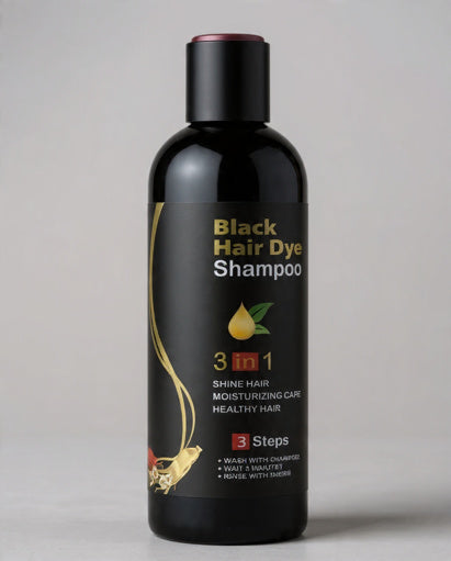 Black hair dye shampoo bottle with text on a gray background