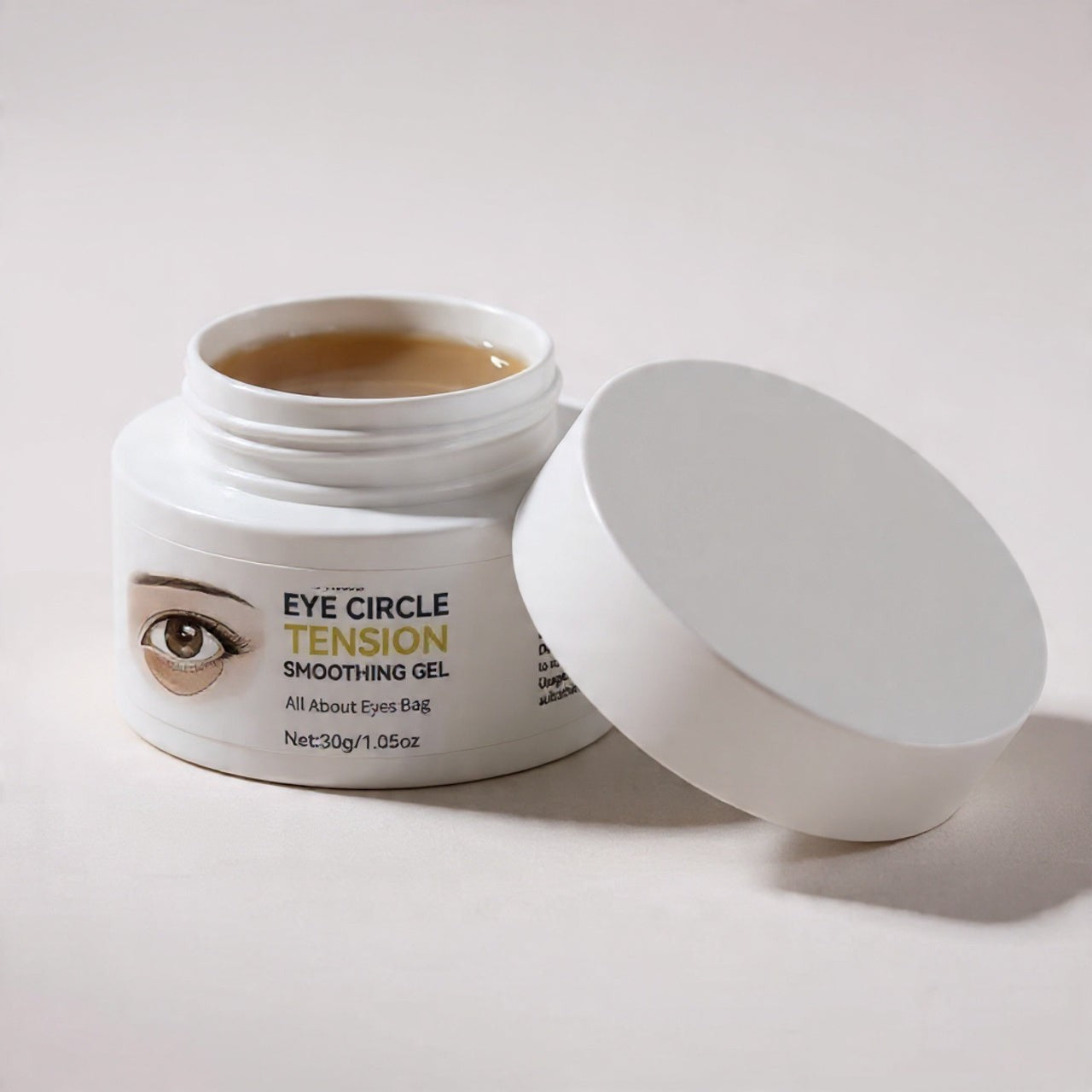 Eye cream jar labeled 'Eye Circle Tension Smoothing Gel' on a light background