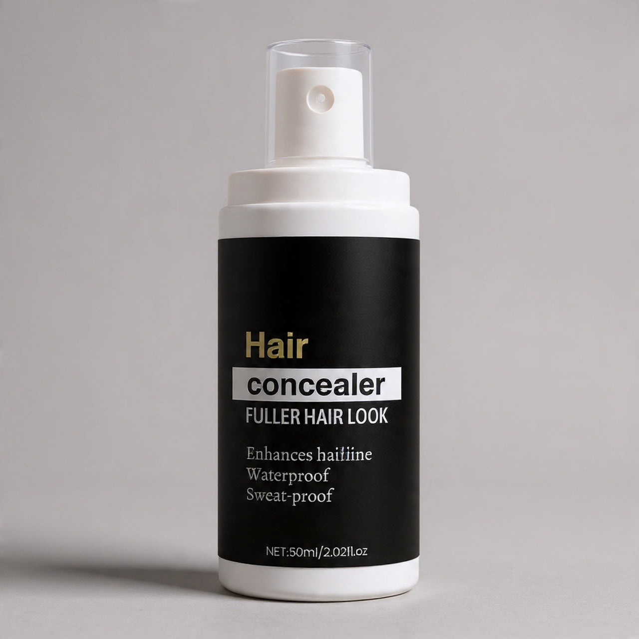 Hair concealer bottle with black label on a gray background