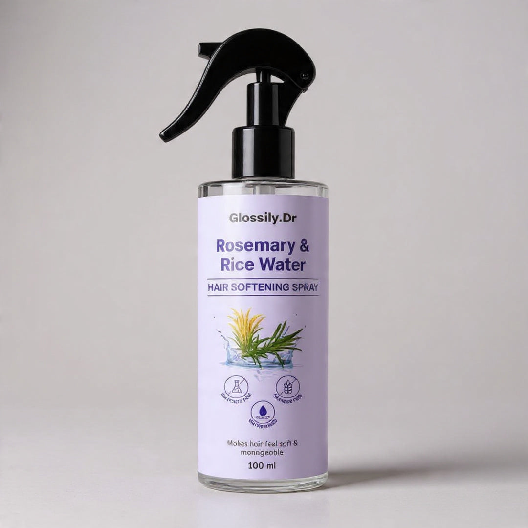 Glossily Dr. Rosemary & Rice Water hair softening spray bottle on a light gray background