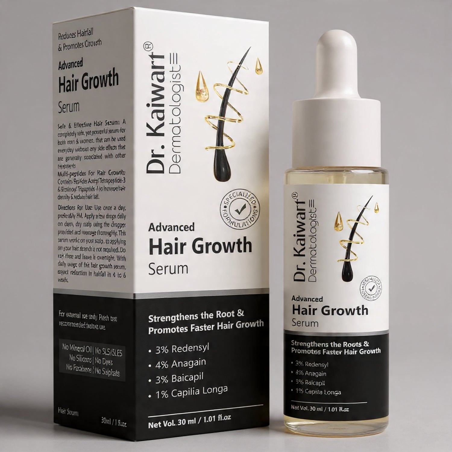 Dr. Kauwari Advanced Hair Growth Serum packaging including bottle and box on a gray background