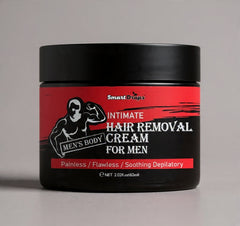 Jar of men's hair removal cream with red and black label on a gray background