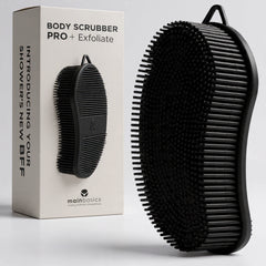 Black body scrubber with packaging on a light gray background
