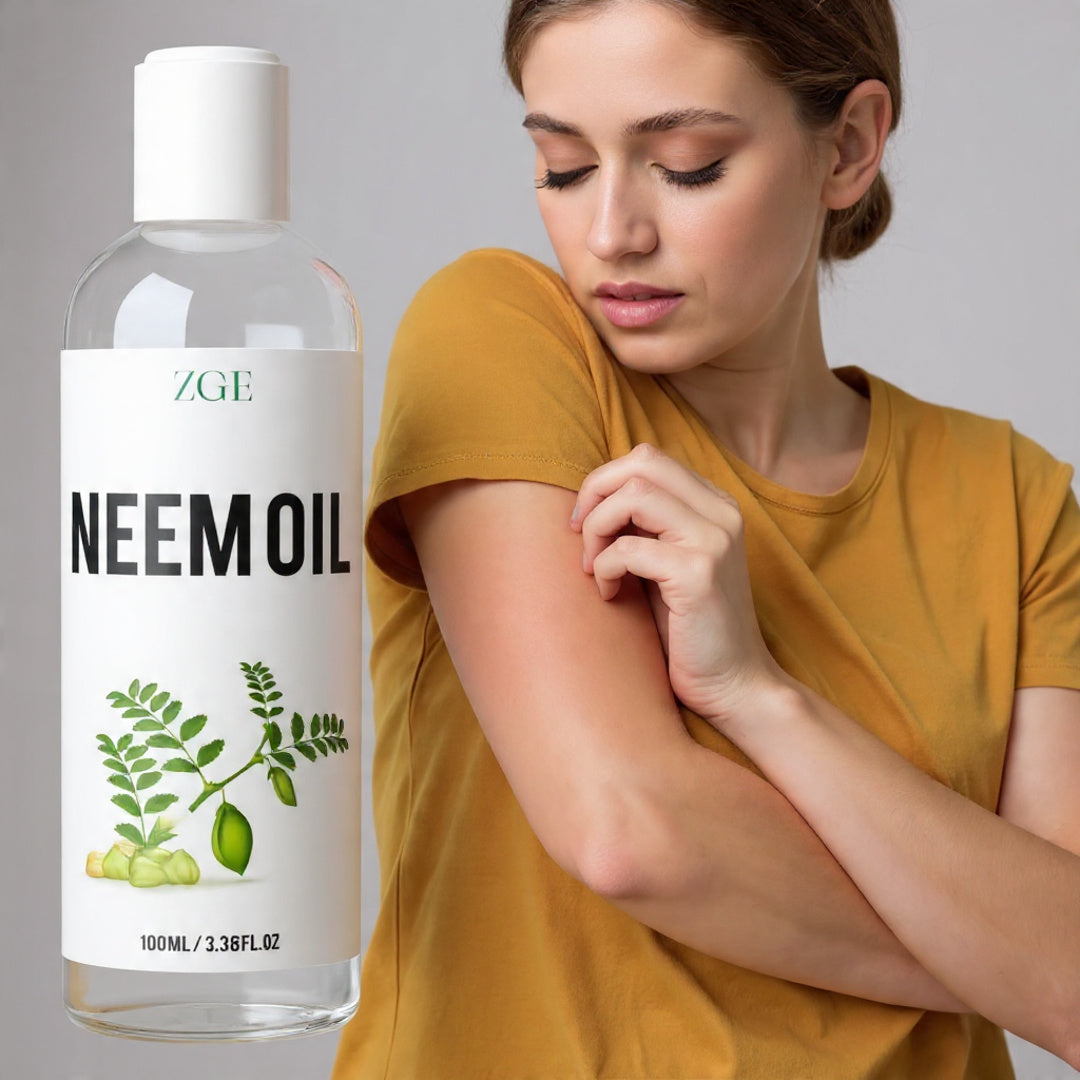 Woman applying neem oil to her arm with a bottle of ZGE Neem Oil in the foreground.
