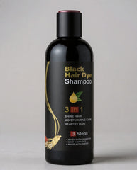 Black hair dye shampoo bottle with text on a gray background