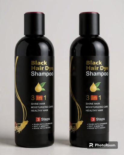 Two bottles of Black Hair Dye Shampoo on a light gray background
