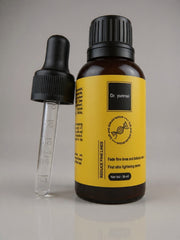 Bottle and dropper with yellow label on a gray background