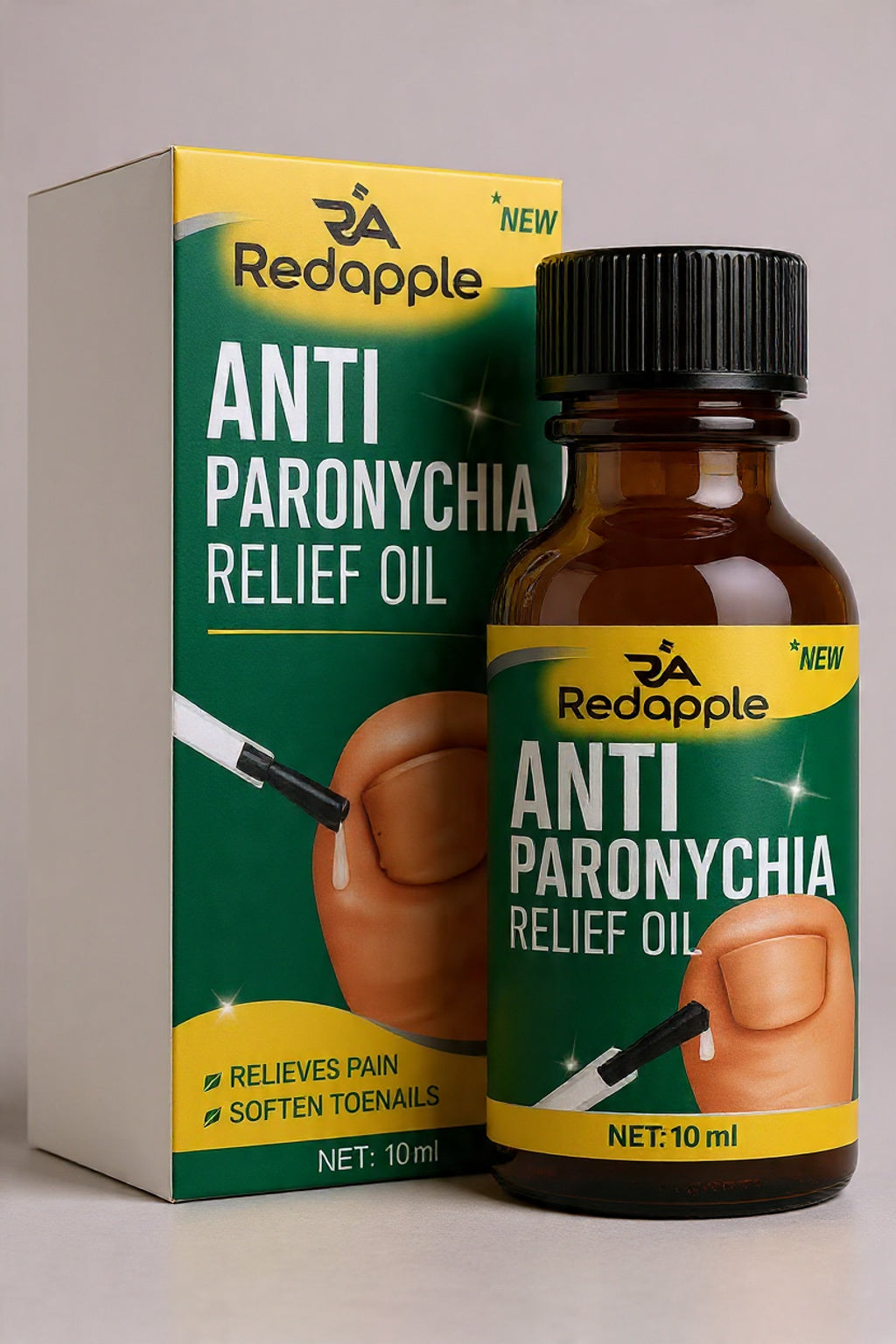 Redapple Anti Paronychia Relief Oil packaging and bottle on a neutral background