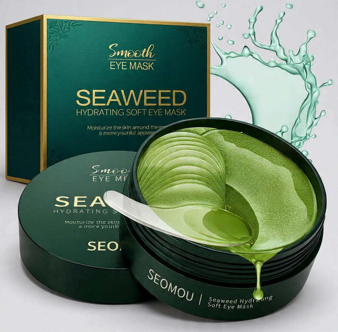 Seaweed hydrating soft eye mask with packaging and a spoonful of mask on a light gray background.