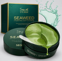Seaweed hydrating soft eye mask with packaging and a spoonful of mask on a light gray background.