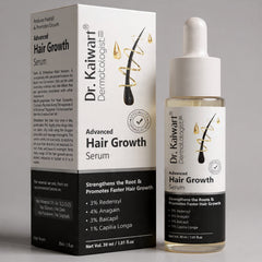 Dr. Kauwari Advanced Hair Growth Serum packaging including bottle and box on a gray background