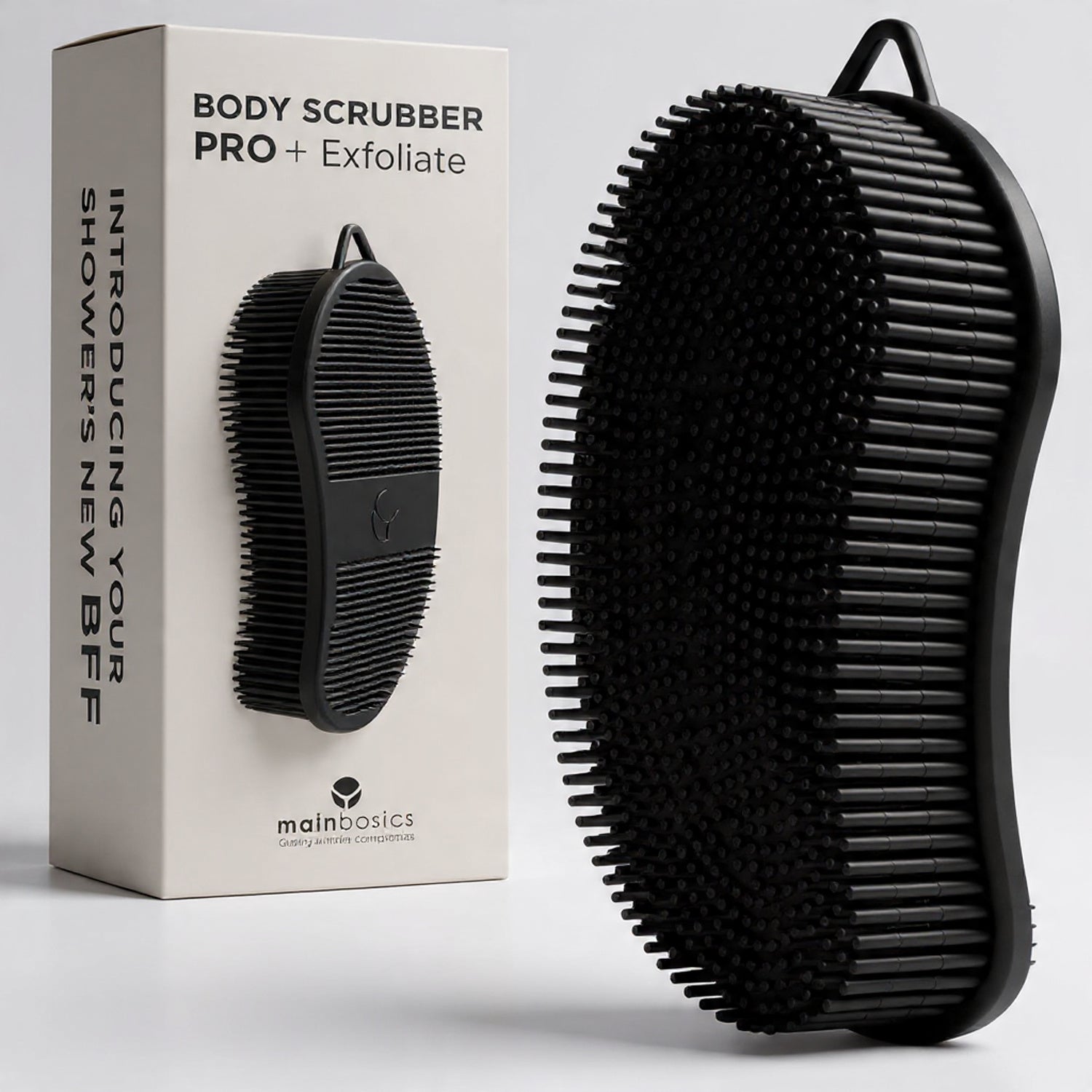 Black body scrubber with packaging on a light gray background